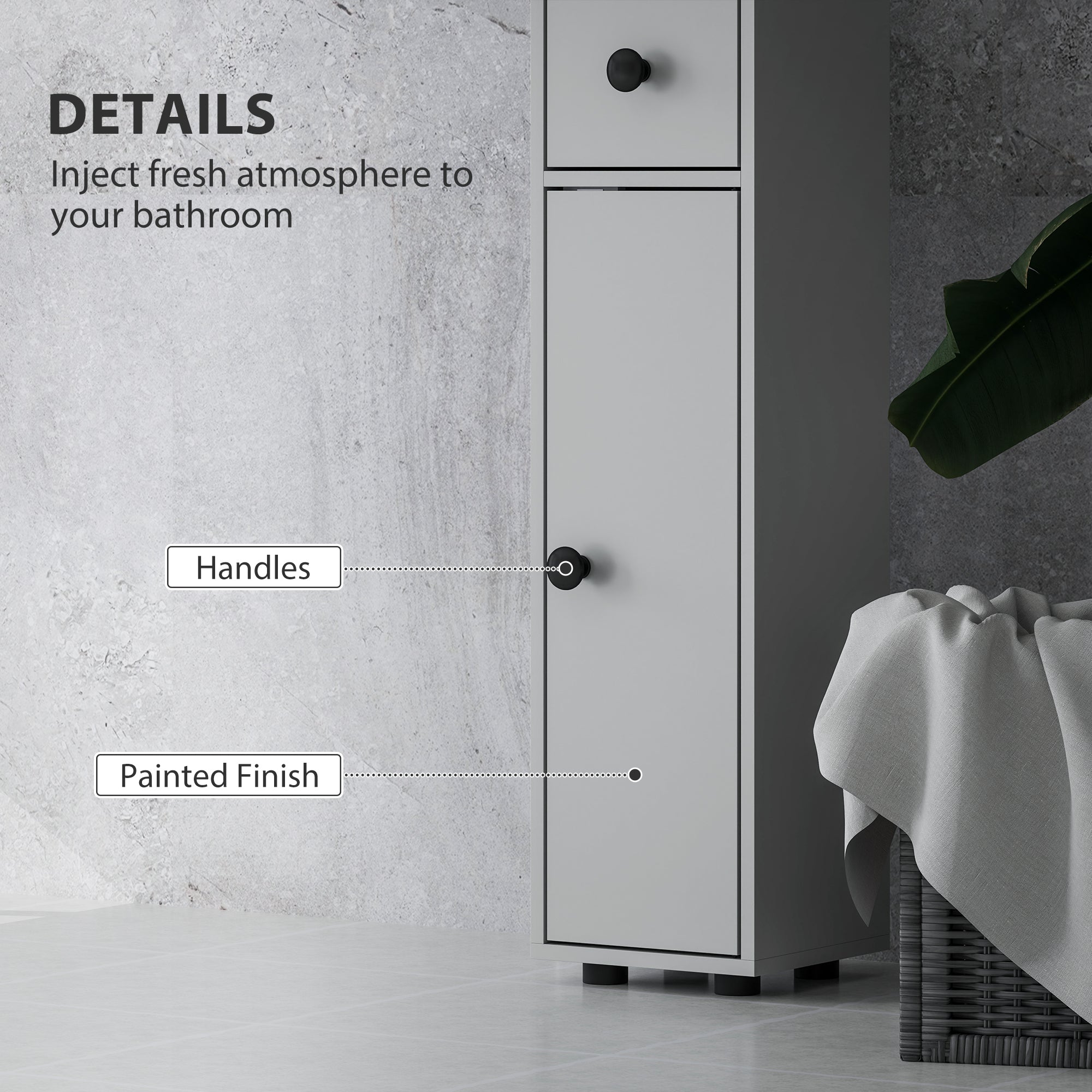 kleankin 180cm Slim Bathroom Cabinet, with Drawer, Shelves and Cupboards - Grey